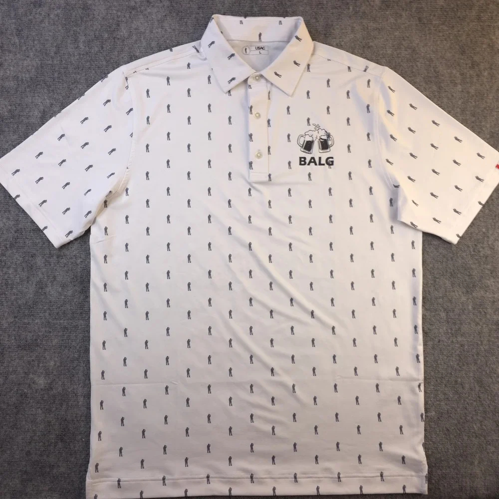 Usag Golf‎ Polo Large White Geometric Balg Beer Logo Short Sleeve Stretch